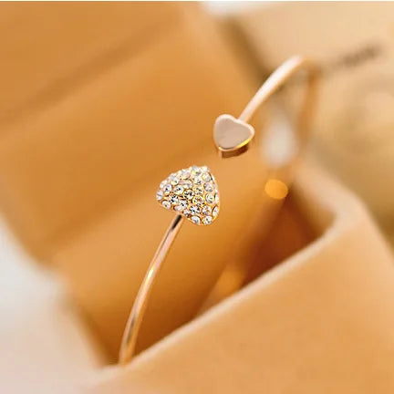 New Fashion Adjustable Crystal Double Heart Bow Bilezik Cuff Opening Bracelet Women Jewelry Gift Mujer Pulseras