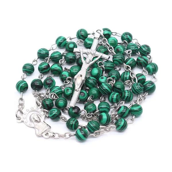 Malachite Cross Pendant Rosary Beads Chain Necklace Christian Religion Men Women Jewelry Charm Gifts