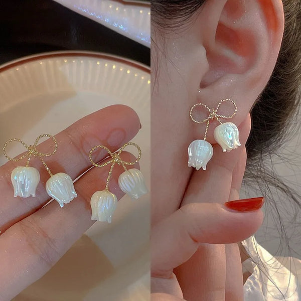 925 Silver Needle Korean Fashion Bowknot Tulip Earrings For Women Jewelry 2026 Trending New Women's White Flower Earrings Brinco