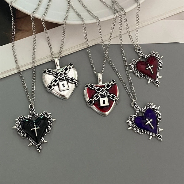 Punk Rock Red Black Heart Pendant Chain Necklace For Men Women Cool Hip Hop Street Vintage Goth Accessories Trendy Jewelry