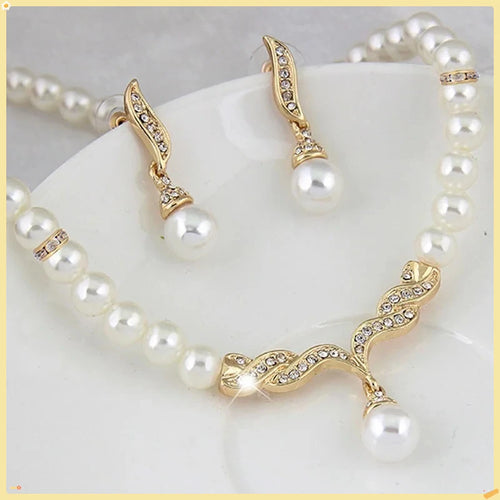 Creative Gold Color Necklace + 1 Pair Earrings Wedding Bridal Pearl Jewelry Set for Women Lady Female Jewelry Sets for Women