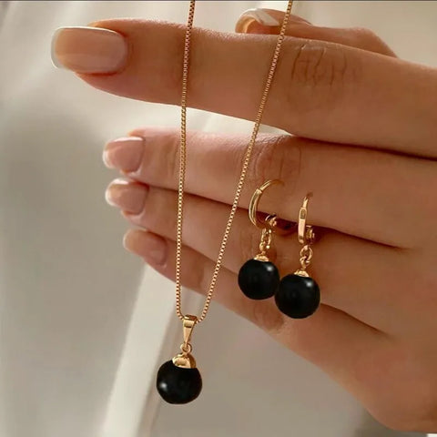 Fashion Elegant Imitation Pearl Pendant Necklace Earrings Set for Women Vintage Gold Color Chain Girl Wedding Party Jewelry Gift