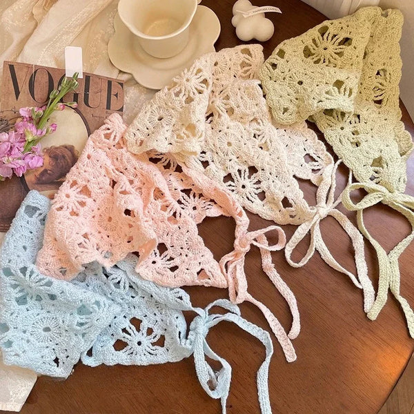 Fashion Knitted Headscarf Hat French Pastoral Style Triangle Headband Handmade Crochet Headband Towel Retro Flower Headscarf