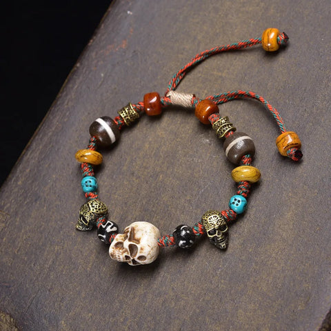 Handmade Woven Bracelet With Agate, Coconut, Malachite, Multi-Gem, Yak Bone, And Buddha'S Eye