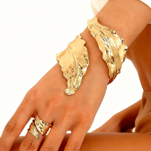 Bohemian Wrinkle Leaf Bracelet Ring Set for Women Artistic Elegant Adjustable Nature Style Jewelry Party Jewelry Accessories