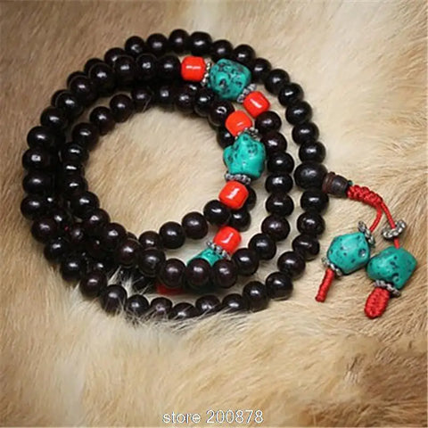 Natural Ebony 8mm Bracelets 108 Black Sandalwood Prayer Beads Mala Necklace With Turquoise