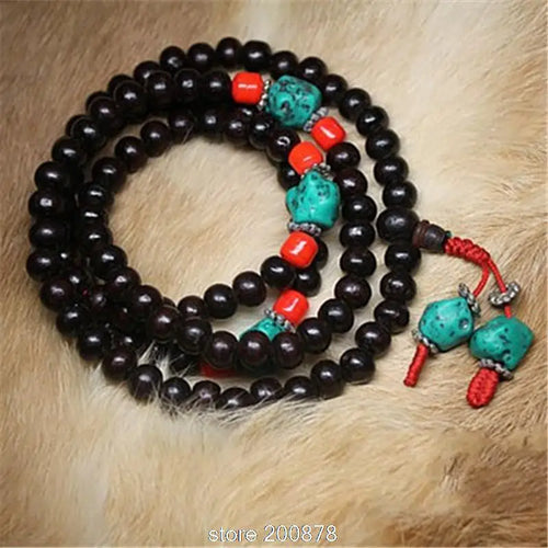 Natural Ebony 8mm Bracelets 108 Black Sandalwood Prayer Beads Mala Necklace With Turquoise