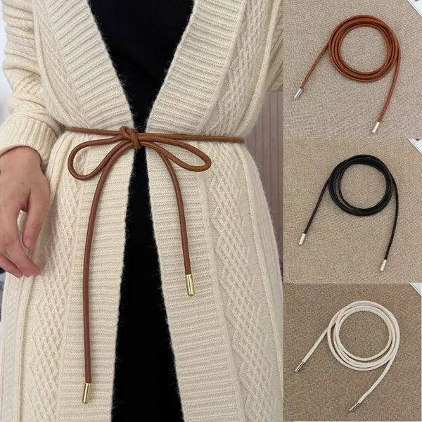 New Round Leather Rope Dresses Coat Decoration String Waist Belt for Women Solid Fashion Long Waist Chain Vintage Waistband