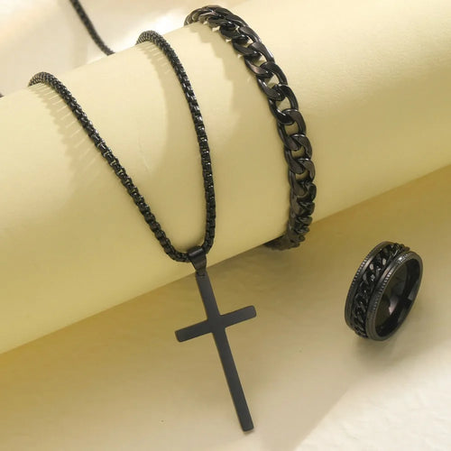 3pcs Set Punk Style Dark Stainless Steel Cross Necklace Bracelet Rings Set for Men Personality Hip Hop Rock Jewelry Set Gift