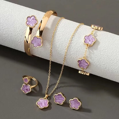 Lucky Purple Five-Petal Flower Clover Earrings Necklace Ring Bracelet Five-Piece Set for Woman Fashionable Party Charm Jewelry