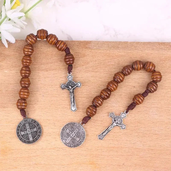 Prayerful Catholic Pocket Rosary with Brown Wood Beads, Saint Benedict Medal, and Crucifix.