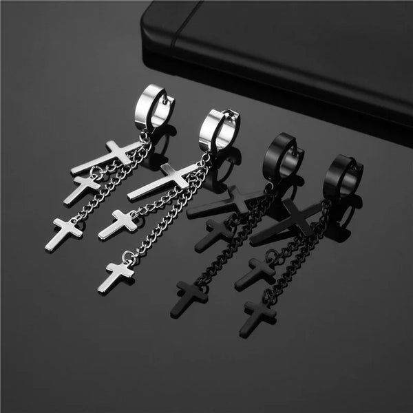 Kiss Jewelry Punk Titanium Steel 3 Cross Tassel Drop Ear Clip Stud Earring Men Women Silver Color Black Goth Piercing Ear Circle