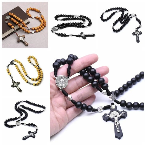 Wood Handmade Rosary Necklace Car Ornament Catholic Wood Beads Necklace Religious Mellow Crucifix Pendant Chain Christian