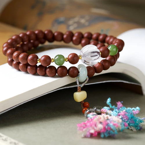 Handwoven Double Loop Bracelet with Natural White Crystal Beeswax Emerald and Herbal Scented Beads Gifts