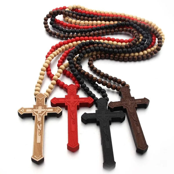 Wooden Rosary Pendant Cosplay Religious Antique Cool Cross Necklace Beads Catholic God Bless Jewelry Trend Fashion Festival Gift