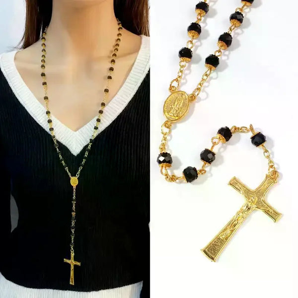Retro Religion Belief Catholic Cross St. Benedict Black Gallstone Prayer Rosary Pendant Necklace Jewelry Gift