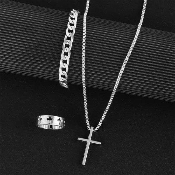 3pcs Set Fashion Hip-hop Sliver Color Cuban Chain Cross Pendant Necklace Bracelets Rings for Men Personality Jewelry Sets Gifts