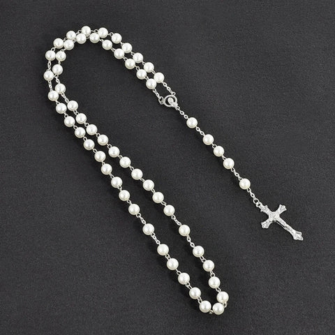 Imitation Pearl Rose Rosary Necklace Pendant Women Catholic Religious Gift