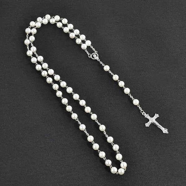 Imitation Pearl Rose Rosary Necklace Pendant Women Catholic Religious Gift