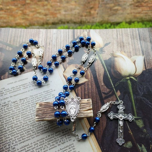 652F Crystal Glass Rosary Beads Necklace Rosaries Catholic Gift with Medals 6mm Blue Prayer Bead Catolic Jewelry Present