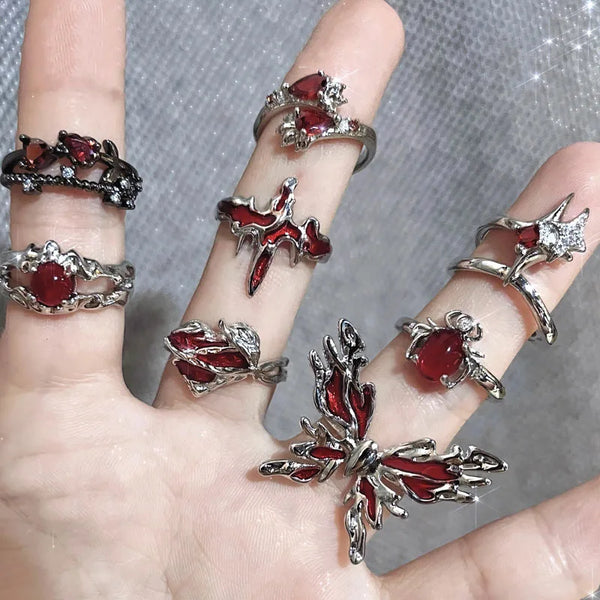 Irregular Red Crystal Glass Butterfly Aesthetic Rings for Women Y2K Gothic Spider Cross Ring Creative Grunge Jewelry Accessories