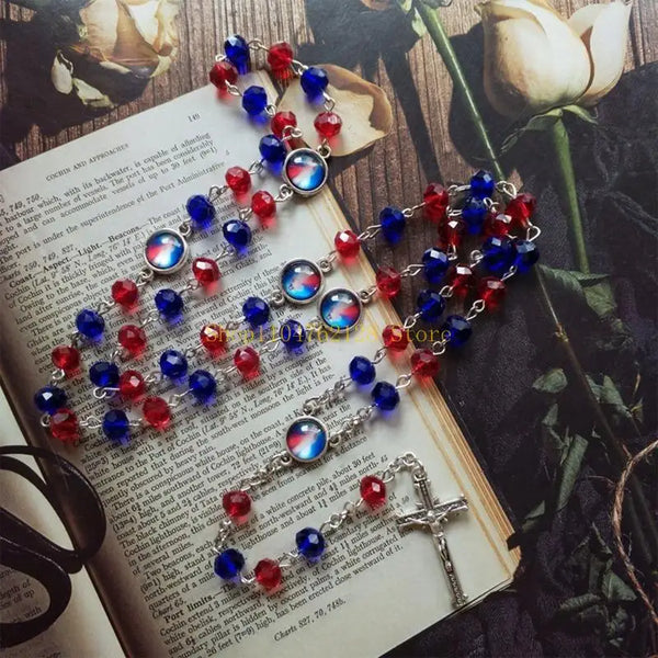 Catholic Beads Red & Blue Crystal Rosary Necklace Holy Medal & for Cross Pendant Favors for Baptism Communion Weddings best sale