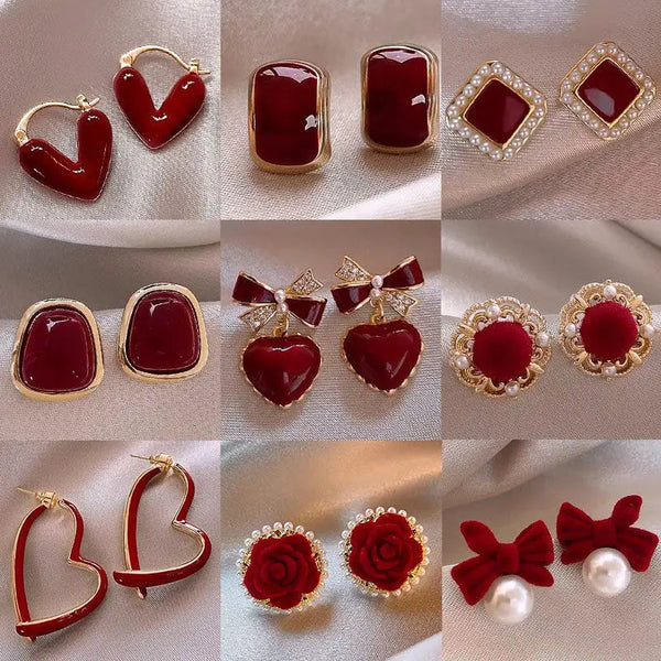 Wine Red Drop Glazed Earrings for Women Winter High-end Heart-shaped Aesthetics Stud Earrings 2025 New Year Party Jewelry Gift