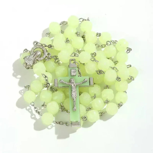1 Piece Women and Men Luminous Rosary Necklace Christian Catholicism Virgin Christ Cross Bead Necklace Vintage Jewelry