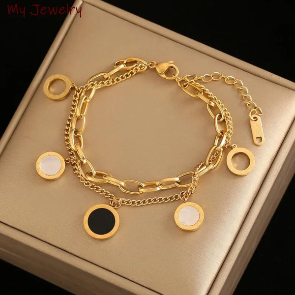 Ins Fashion Double Layer BraceletRound Black White Shell Roman Numeral Titanium Steel Pendent Bracelet