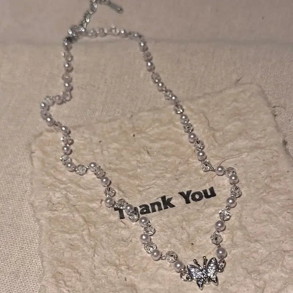 Exquisite Crystal Pearl String Butterfly Necklace For Women Fashionable Personalized Daily Accessory Party Jewelry Birthday Gift