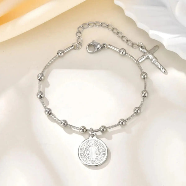 Religious Rosary Bracelets For Women, Holy Saint Benedict Portrait Bar, Stainless Steel No Fade Jewelry