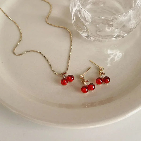 Red Cherry Pendant Necklace Earrings 2pcs Set Women's Fashion Fruit Necklace Earrings Jewery Set For Party Wedding Girls Gifts
