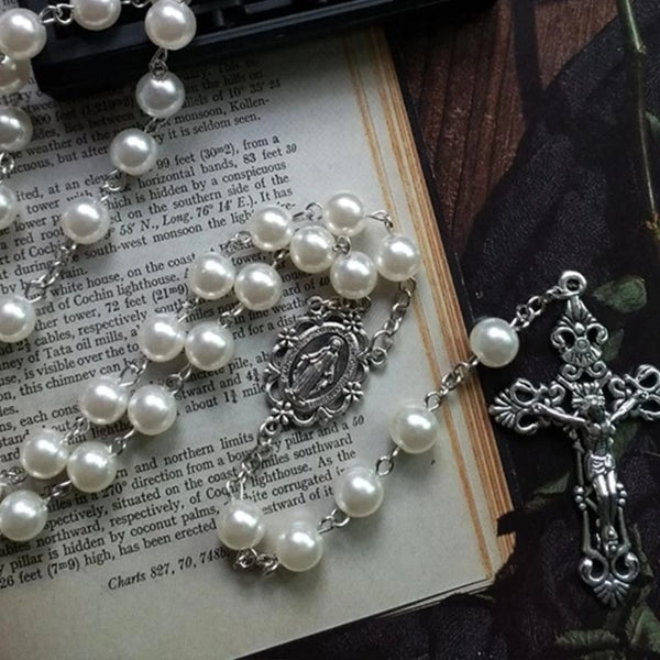 8mm Prayer Beads Rosary Necklace Mary Jesus for Cross Pendant Catholic Necklaces Religious Jewelry Women Charm Gifts