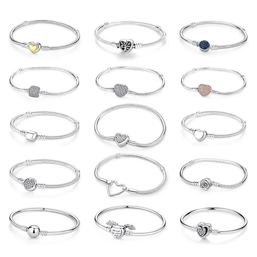 925 Sterling Silver Bracelets Bangles Love Heart Clip Charms Beads Snake Chains For Women Rose Gold DIY Luxury Jewelry