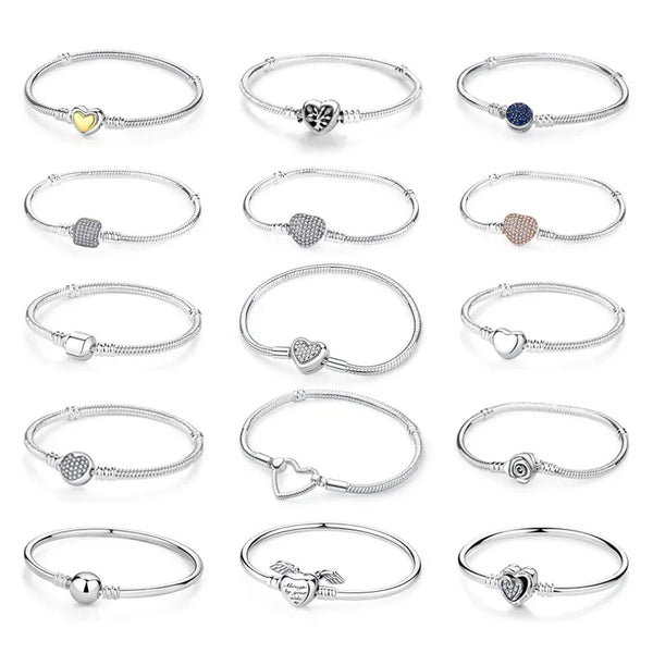 925 Sterling Silver Bracelets Bangles Love Heart Clip Charms Beads Snake Chains For Women Rose Gold DIY Luxury Jewelry