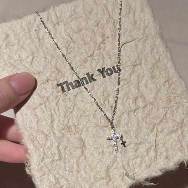 Vintage Double Cross Pendant Necklace Fashion Zircon Crystal Acrylic Cross Necklace for Women Party Jewelry Elegant Chain Gift
