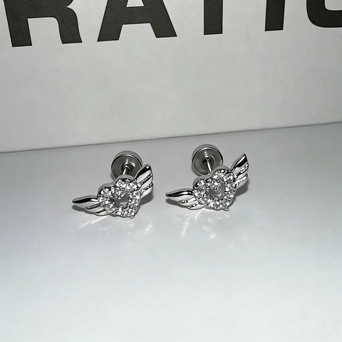 Exquisite Hollow Out  Love Heart with Wings Ear Bone Nail Gothic Personality Simple and Compact Titanium Steel Earing Jewelry