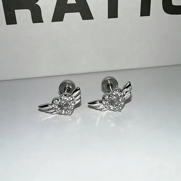 Exquisite Hollow Out  Love Heart with Wings Ear Bone Nail Gothic Personality Simple and Compact Titanium Steel Earing Jewelry