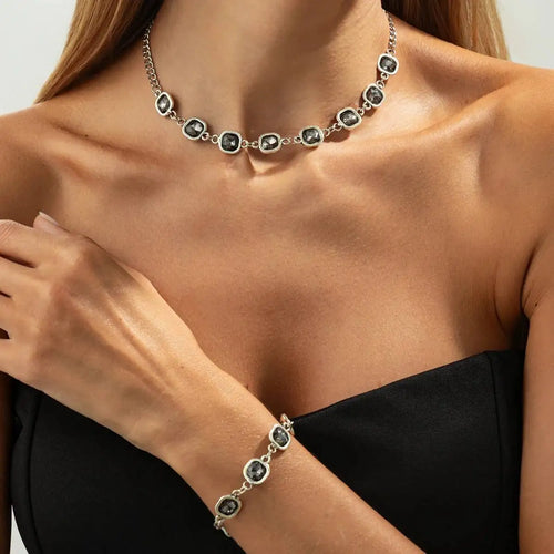KunJoe Exquisite Shiny Rhinestone Choker Necklace Bracelet Jewelry Set For Women Retro Irregular Short Neck Chain Accessories