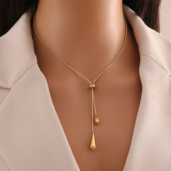 Europe and America Fashion Gold Color Stainless Steel Water Drop Tassel Pendant Necklace for Women Clavicle Chain Paty Jewelry