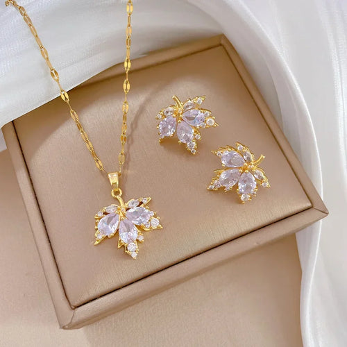 Light Luxury Micro-inlaid Maple Leaf Jewelry Set Fashion Necklace & Earrings Banquet Clavicle Chain for Personality Temperament