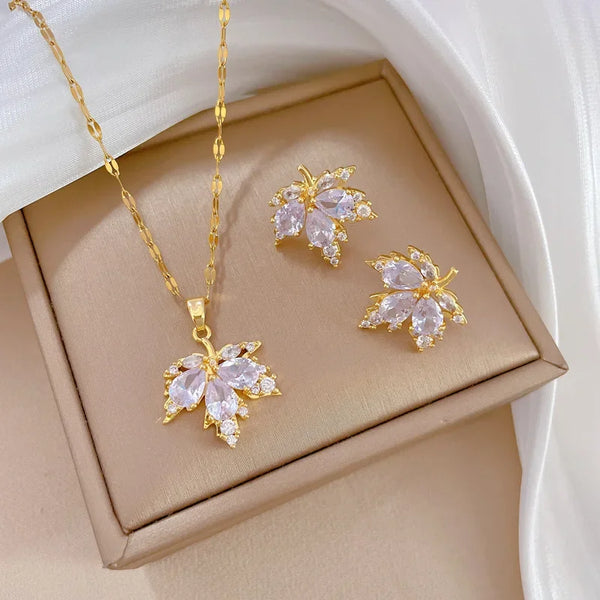 Light Luxury Micro-inlaid Maple Leaf Jewelry Set Fashion Necklace & Earrings Banquet Clavicle Chain for Personality Temperament