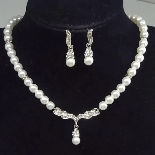 Elegant Necklace Earrings Women Fashion Jewelry Set Faux Pearl Bridal Wedding Alloy Party Studs Necklace Earrings Set