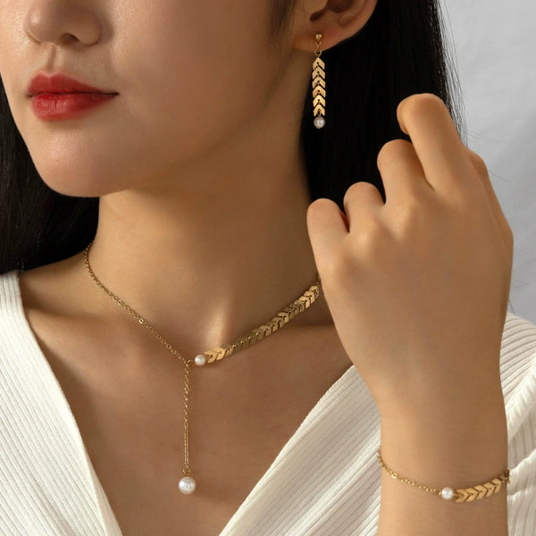 Golden Wheat Ear Imitation Pearl Jewelry Set Classic Fashion Retro Earrings Necklace Bracelet Bridal Birthday Girl Gift Wedding