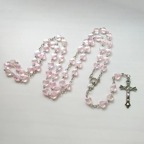 Pink Love Heart Rosary Beads Necklace Virgin Mary Christ Jesus Cross Pendant Necklace For Women Men Catholic Jewelry Gift