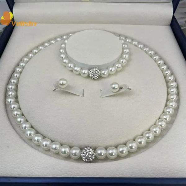 3 PCS Set Imitation Pearl Fireball Necklace Bracelet Earring Stud Jewelry Set Silver Color Crystal Stone Elegant Bridal Jewelry