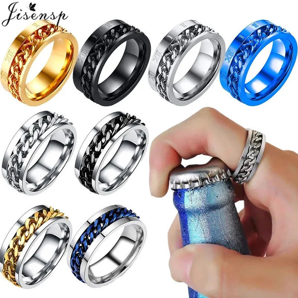 Ins Fashion Men Rotatable Chain Link Anxiety Fidget Rings Titanium Stainless Steel Spinner Finger Ring Blue Black Punk Gift