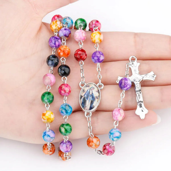 Religion Rosary Prayer Necklace For Women Virgin Mary INRI Cross Pendant Colorful Acrylic Beads Chain Christian Party Jewelry
