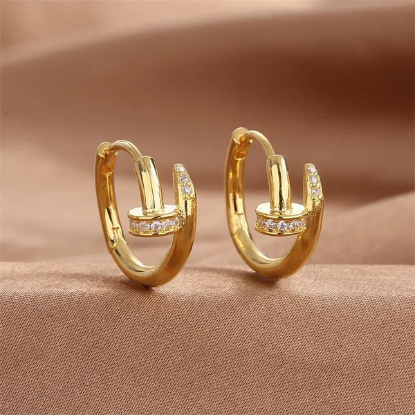 Luxury Cubic Zircon Sparkling Nail Hoop Earrings for Women Girls Trend Gold Silver Color Y2K Ear Piercing Earrings Jewelry Gifts