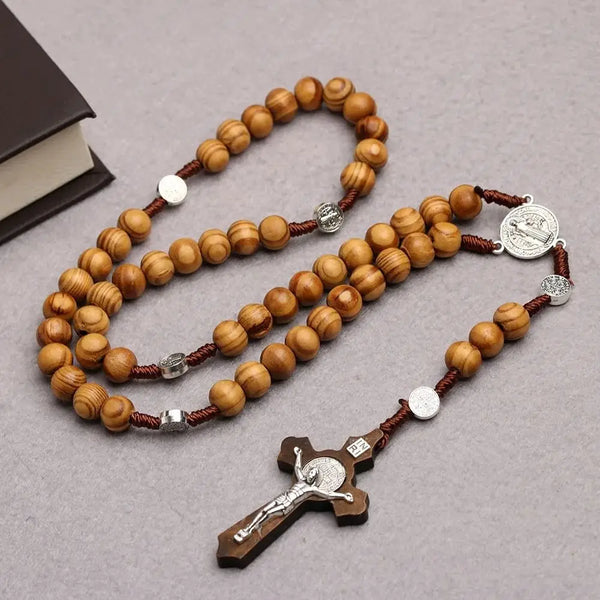 Wood Handmade Rosary Necklace Car Ornament Religious Wood Beads Necklace Mellow Catholic Crucifix Pendant Chain Church